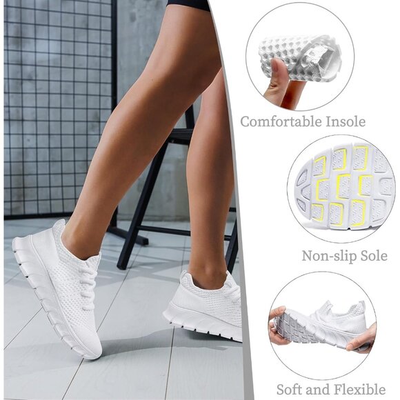 Women White Running Tennis Walking Lightweight Shoes Slip On Workout Sneakers - Picture 7 of 7
